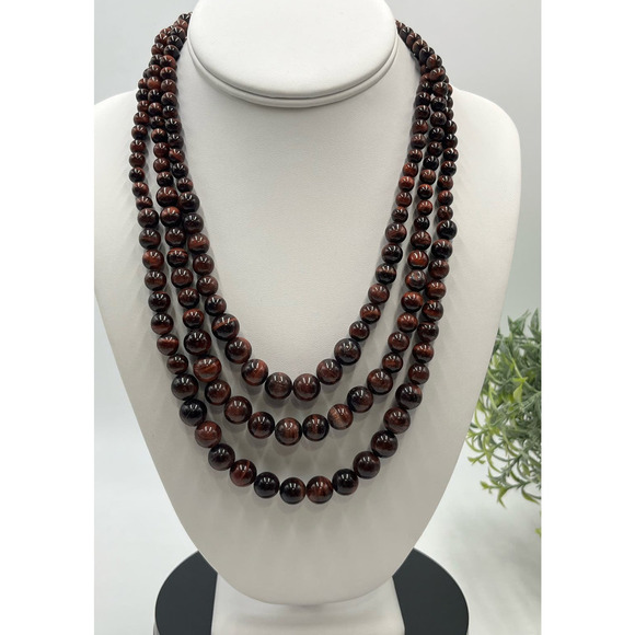 Red Tigers Eye Triple Strand Layered Sterling Silver Necklace New - Picture 1 of 16
